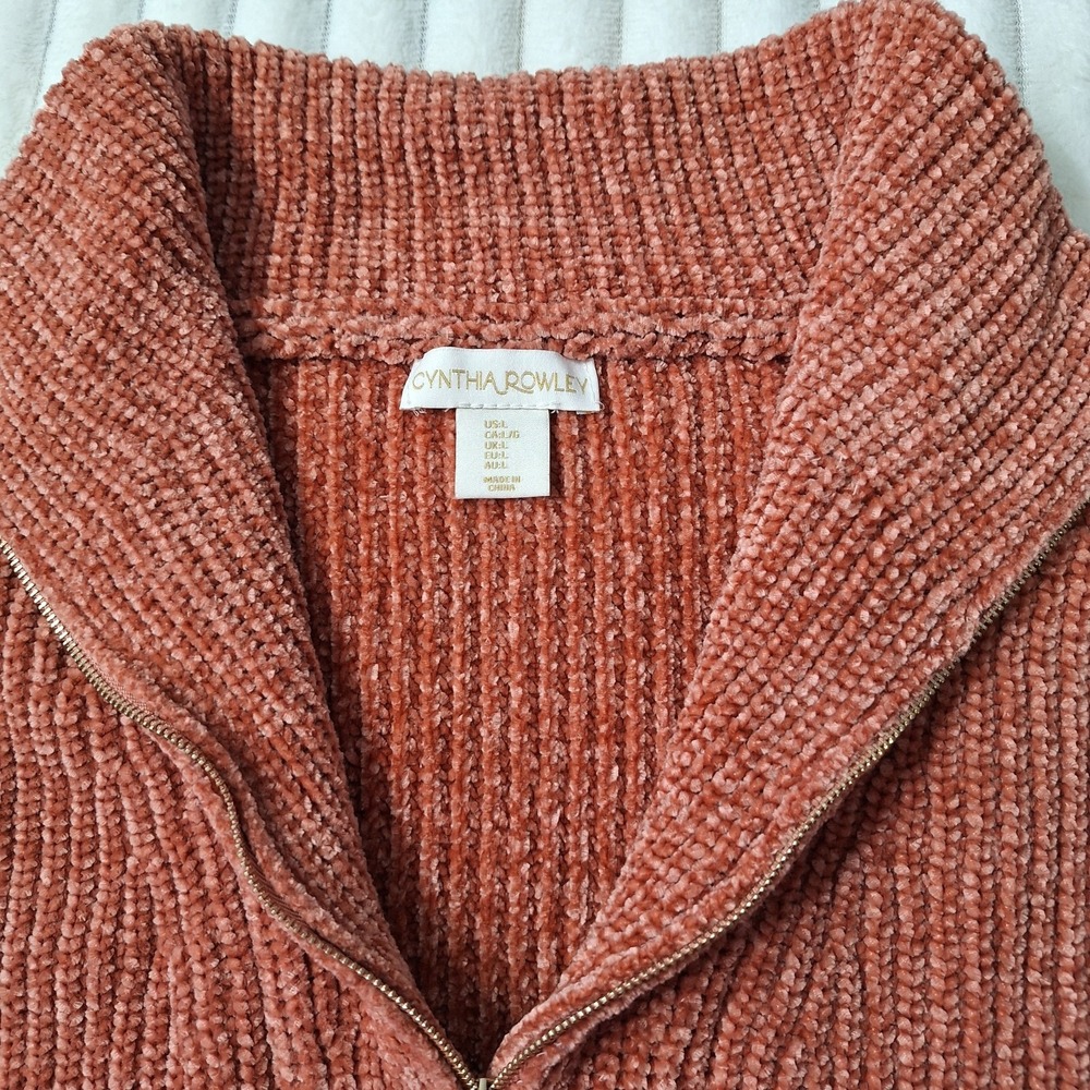Cynthia Rowley Chenille Ribbed 1/4 Zip Moc Neck Pullover Sweater Womens L Rust - Picture 5 of 7